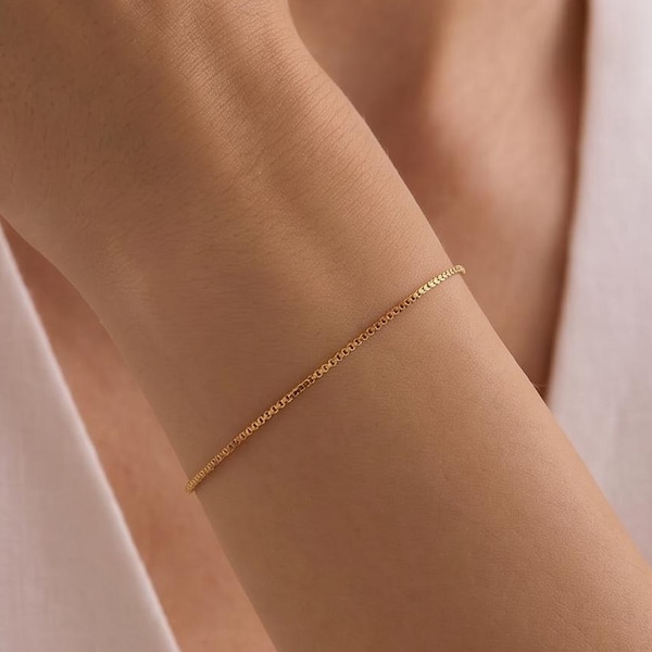 14K Solid Gold Box Chain Bracelet, Square Link Gold Bracelet, Real 14K Gold Bracelet, Dainty Layering Bracelet, Minimal Gold Jewelry