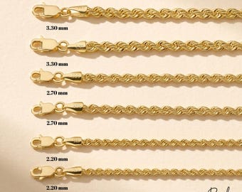 14K Solid Gold Rope Chain Bracelet, Lightweight Semi-Hollow Link