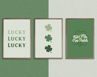 Lucky Irish Print, Clover Print, Kiss Me I'm Irish Print, Set of 3, St. Patricks Day Prints, Typography Prints, St Paddys Day Decor