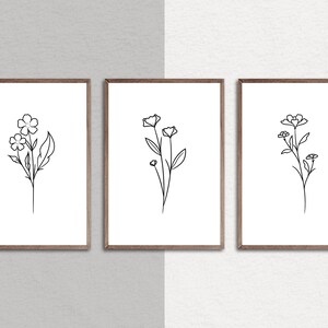 Flower Line Art, Set of 3, Botanical Print Set, Floral Line Art, Flower Prints, Botanical Wall Art, Living Room Wall Decor, Line Art