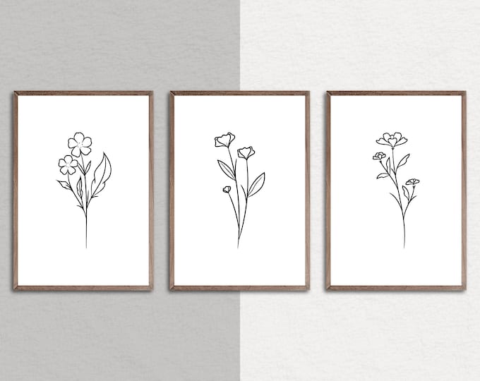 Floral Line Art Prints, Set of 3, Botanical Wall Decor (digital ...