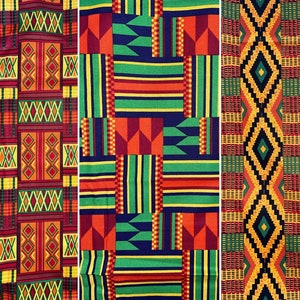 May include: Three fabric swatches featuring colourful geometric patterns in shades of red, orange, yellow, green, and black. The patterns are traditional African designs.