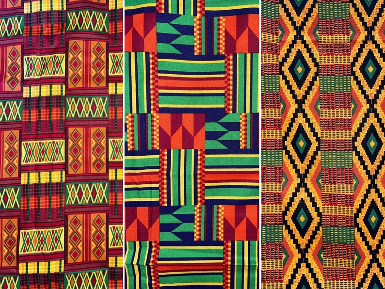 May include: Three fabric swatches featuring colourful geometric patterns in shades of red, orange, yellow, green, and black. The patterns are traditional African designs.
