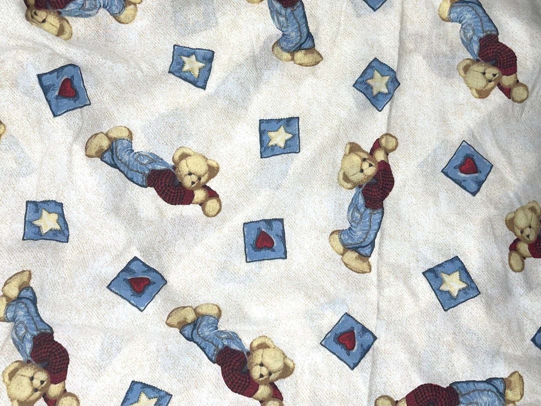 Vintage 1990s Retro Blue Jean Teddy Bear Fitted Crib Sheet by