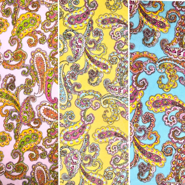Colorful Paisley Print Fabric, Fat Quarter (continuous cut, cotton, pink, yellow, blue, retro, spring, summer, y2k)