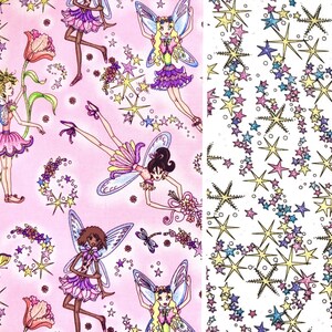 May include: Pink fabric with a repeating pattern of fairies, flowers, and stars. The fairies are wearing pink and purple dresses and have wings. The flowers are pink and white. The stars are yellow, pink, and blue.