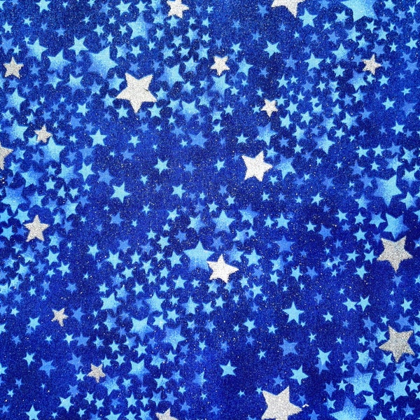 Blue & Silver Metallic Glitter Stars Fabric, Fat Quarter 18”x21” (continuous cut, cotton, 4th of July, American Flag, USA, sparkly)