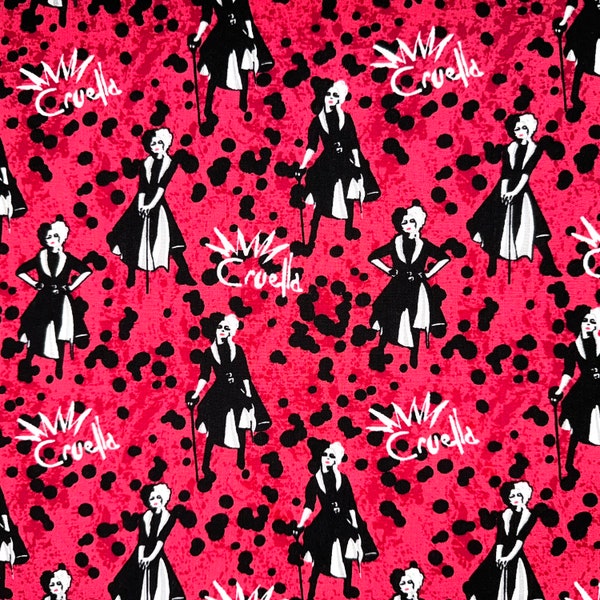 Cruella Deville Fabric Strike A Pose Licensed Disney (continuous cut, Disney villians, 101 dalmation, red, pink, half yard, fat quarter)