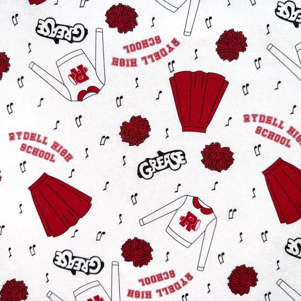 Grease Cotton Fabric Rydell High Licensed (continuous cut, grease movie, red, white, black, 70s, 80s, toss fabric, half yard, fat quarter)