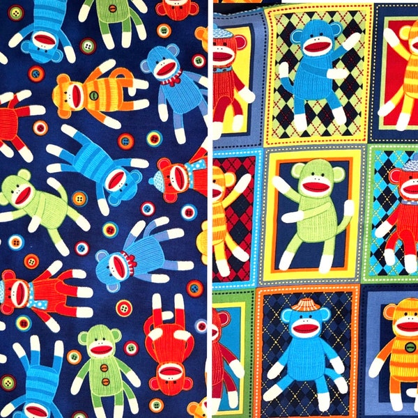 Sock Monkey Fabric, Fat Quarter (continuous cut, nostalgic, retro, vintage, classic, colorful, kids, children, boys)