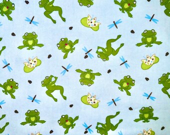 Frog Lily Pad Blue Flannel Fabric (continuous cut, dragonfly, pond, water)