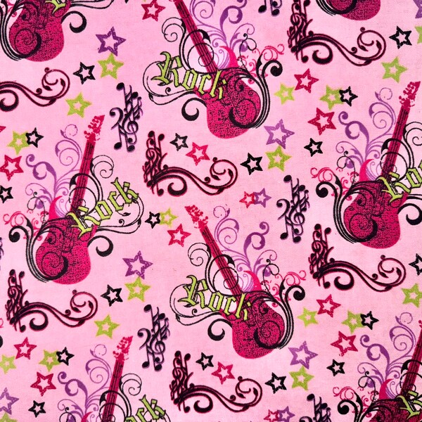 Rock & Roll Guitar Flannel Fabric by Richloom (pink, cotton, rare, girls, girly, music, rare, unique, hot pink, rock n roll)