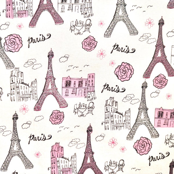 Paris Eiffel Tower Glitter Fabric by Brother & Sister (cotton, black, white, pink, Eiffel Tower, France)