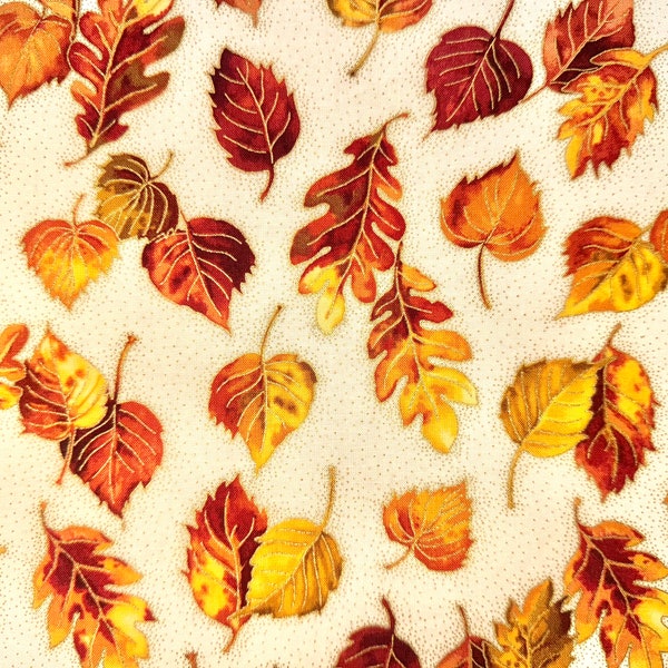 Rare bellissime foglie autunnali con accenti metallici dorati tessuto di Timeless Treasures, Fat Quarter (taglio continuo, cotone, autunno, stagioni)