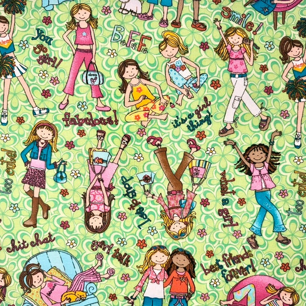 Best Friends Forever Fabric by Tammy Deyoung (fat quarter, continuous cut, y2k, girls, green, kids, cotton)