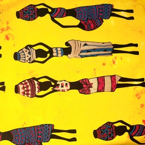 May include: A yellow fabric with a repeating pattern of black silhouettes of women carrying blue and white patterned pots. The women are wearing colorful skirts and are set against a yellow background with orange and red splotches.