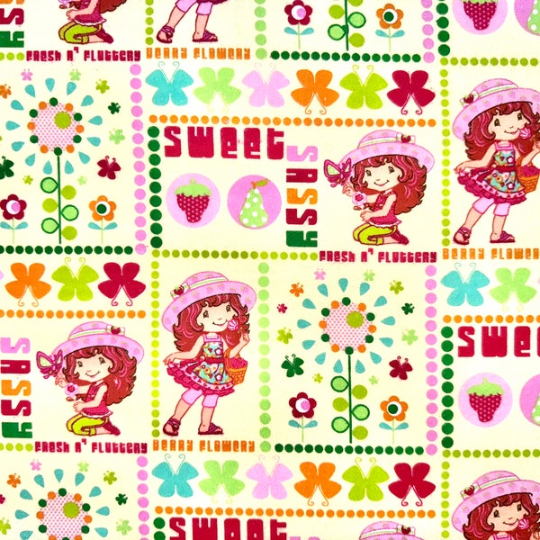 RARE 2009 Strawberry Shortcake Flannel Fabric by Spectrix, Fat Quarter (continuous cut, nostalgic,flowers, polka dots, sweet, sassy)