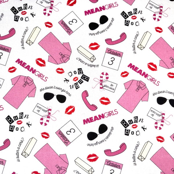 Mean Girls Fabric White Pink Icons Licensed Cotton (cult classic, burn book fabric, pop culture fabric, movie fabric, mean girls toss fabric