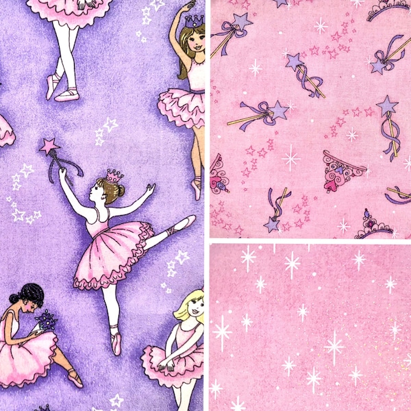 2009 RARE Glitter Ballerina & Princess Fabric by Fabric Traditions, Fat Quarter (continuous cut, cotton, pink, sparkle, tiara, wand, purple)