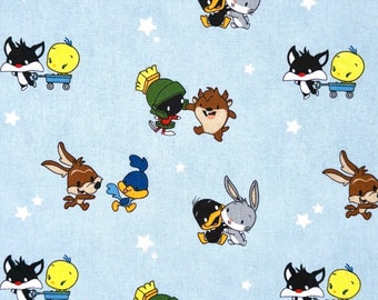 Baby Looney Tune Fabric Cotton Light Blue Stars Licensed FQ 18x21 Inches (cute looney tune fabric, baby taz fabric, cotton)