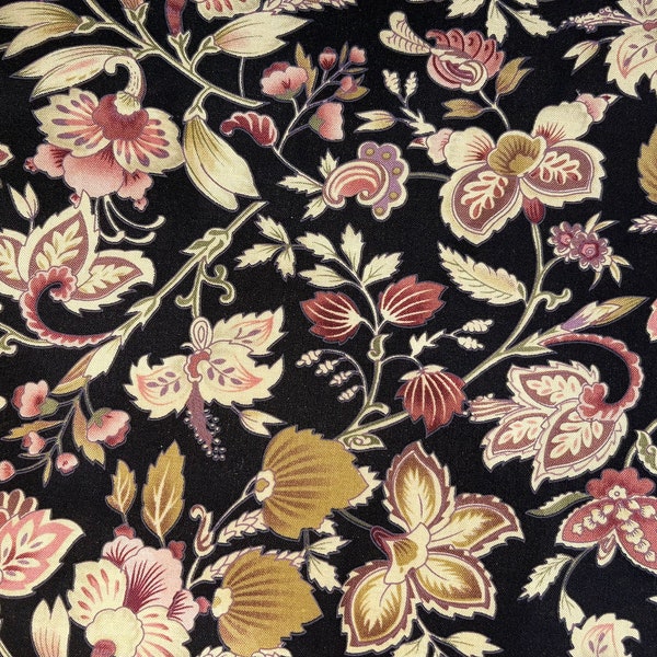 RARE Black Dusty Rose Floral Fabric, Peter Pan Fabrics, Fat Quarter (continuous cut, cotton, flowers, gold, pretty)