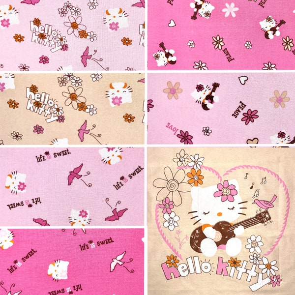 RARE 2011 Sanrio Hello Kitty Licensed Fabric by David Textiles (panel, fat quarter, continuous cut, cotton, guitar, peace, sweet, love, tan)