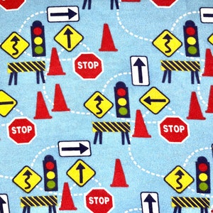 Blue Driving Road Traffic Flannel Fabric, (continuous cut, novelty, unique, traffic cone, road signs, travel)