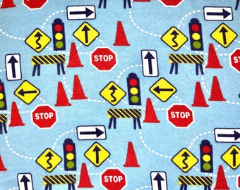 Blue Driving Road Traffic Flannel Fabric, (continuous cut, novelty, unique, traffic cone, road signs, travel)