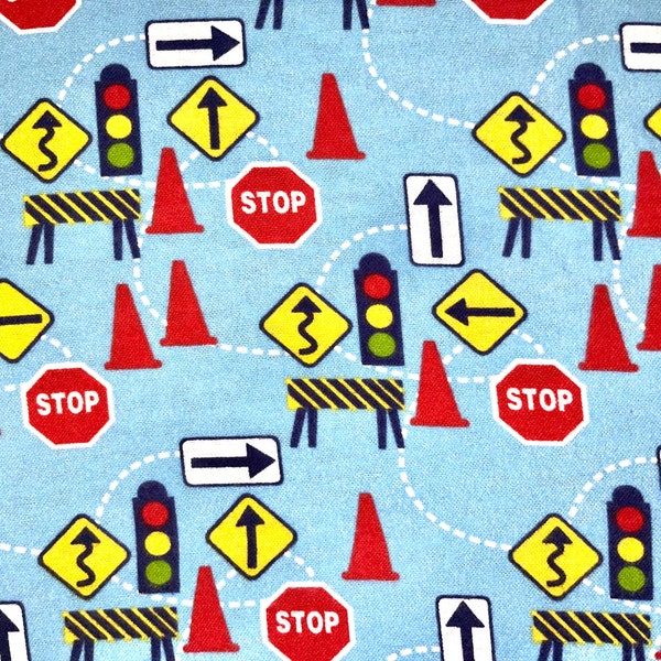 Blue Driving Road Traffic Flannel Fabric Remnants, (continuous cut, novelty, unique, traffic cone, road signs, travel)