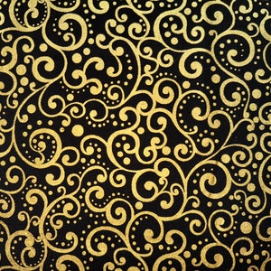 Gorgeous Black With Metallic Gold Swirl Design Lux Fabric by Timeless Treasures, Fat Quarter (continuous cut, beautiful, rare, elegant)