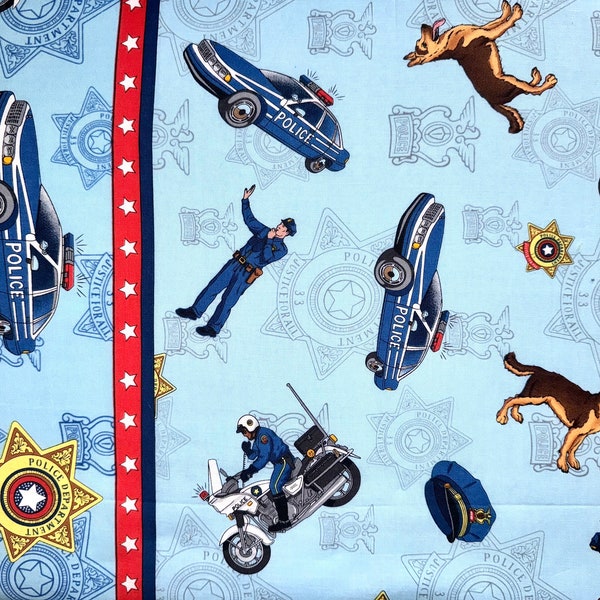 Police Fabric Double Boarder, Fat Quarter (continuous cut, toss, cops, trim, cotton, quilting, rare, motorcycle, car, dog)