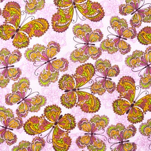 May include: A repeating pattern of colourful butterflies on a white background. The butterflies feature intricate designs in shades of yellow, green, and pink. The background has a subtle pink floral pattern.