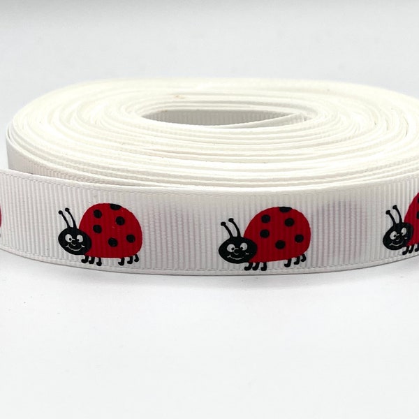 Red Ladybugs on White Grosgrain Ribbon, .6” Width, 5 Yards Long (spring, summer, cute, bows, crafts, continuous cut, girls, kids)