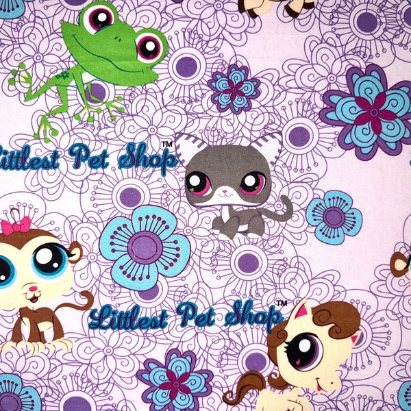 Littlest Pet Shop Licensed Fabric by Hasbro, 15”x42” (continuous cut, pink, purple, large print, childrens, cartoons, cute, kids, animals)