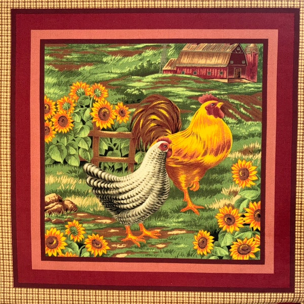 2010 Sunflowers & Chickens Pillow Panel by Cranston (2 Sided, farm, country, roosters, classic, red)