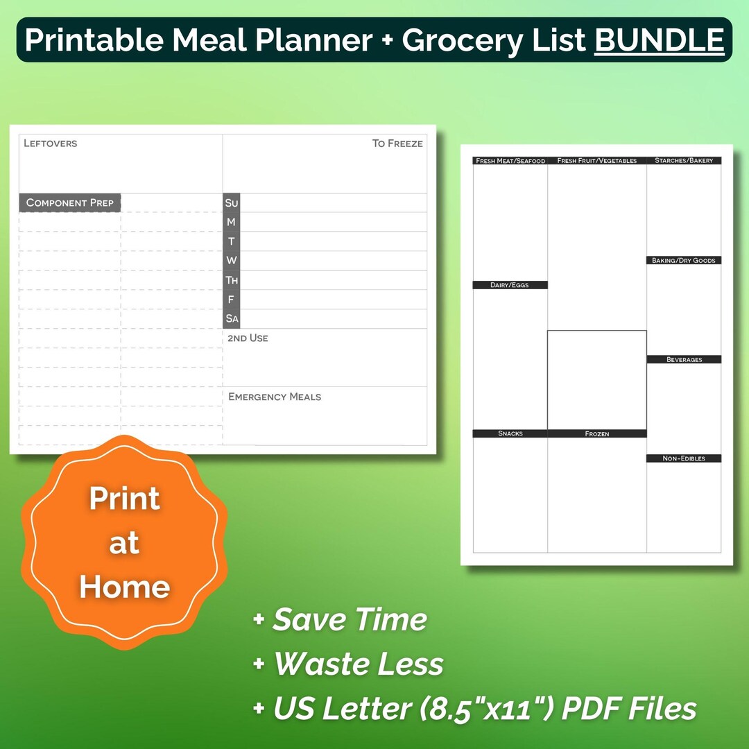 Meal Planner & Grocery List Printable Bundle Instant Download PDF - Etsy