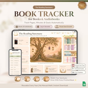 Digitaal boekjournaal Aesthetic Cosy Vibe, leesdashboard met gamificatie en evoluerende boom (Google Spreadsheets)