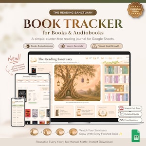 Buch-Tracker-Google-Tabellen, Ästhetisches Lesetagebuch, Digitales Lesetagebuch (Tabellenkalkulation), Gamifiziertes ADHS-Bibliotheks-Dashboard (Essential Edition)