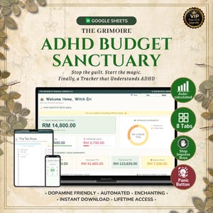 May include: A digital product advertisement for "The Grimoire ADHD Budget Sanctuary" displayed on a laptop and two mobile devices. The interface shows financial tracking tools with features like auto-calculation and impulse buy controls. Text includes "Dopamine Friendly" and "Lifetime Access."