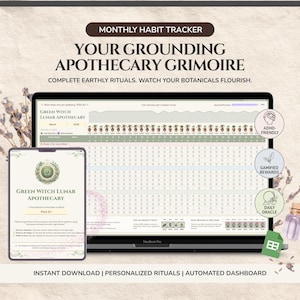 Może przedstawiać: Cyfrowy grimoire aptekarza z tekstem "Monthly Habit Tracker" i "Your Grounding Apothecary Grimoire". Obraz przedstawia laptopa i tablet wyświetlające narzędzie do śledzenia nawyków, ze słowami "Green Witch Lunar Apothecary".