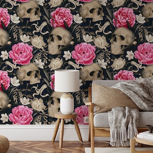 Dark Floral Skull Wallpaper, Gothic Pink Flower Wall Mural, Peel and Stick Wallpaper Removable, Pink Peony Floral Wallpaper, 3D Wallpaper