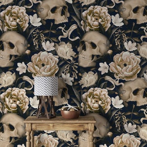 Gothic Skull Wallpaper Mural, Dark Flower 3D Peel and Stick Wallpaper Self Adhesive, Peony Floral Removable Wallpaper for Renters