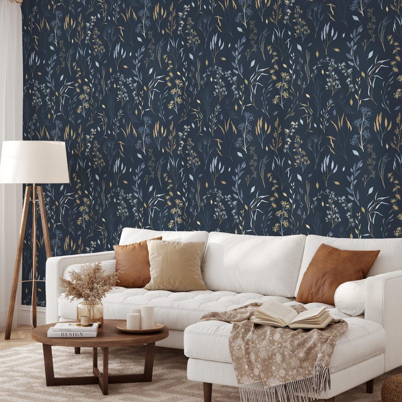 Buy Navy Blue Botanical Wall Mural, Peel and Stick Wallpaper Self