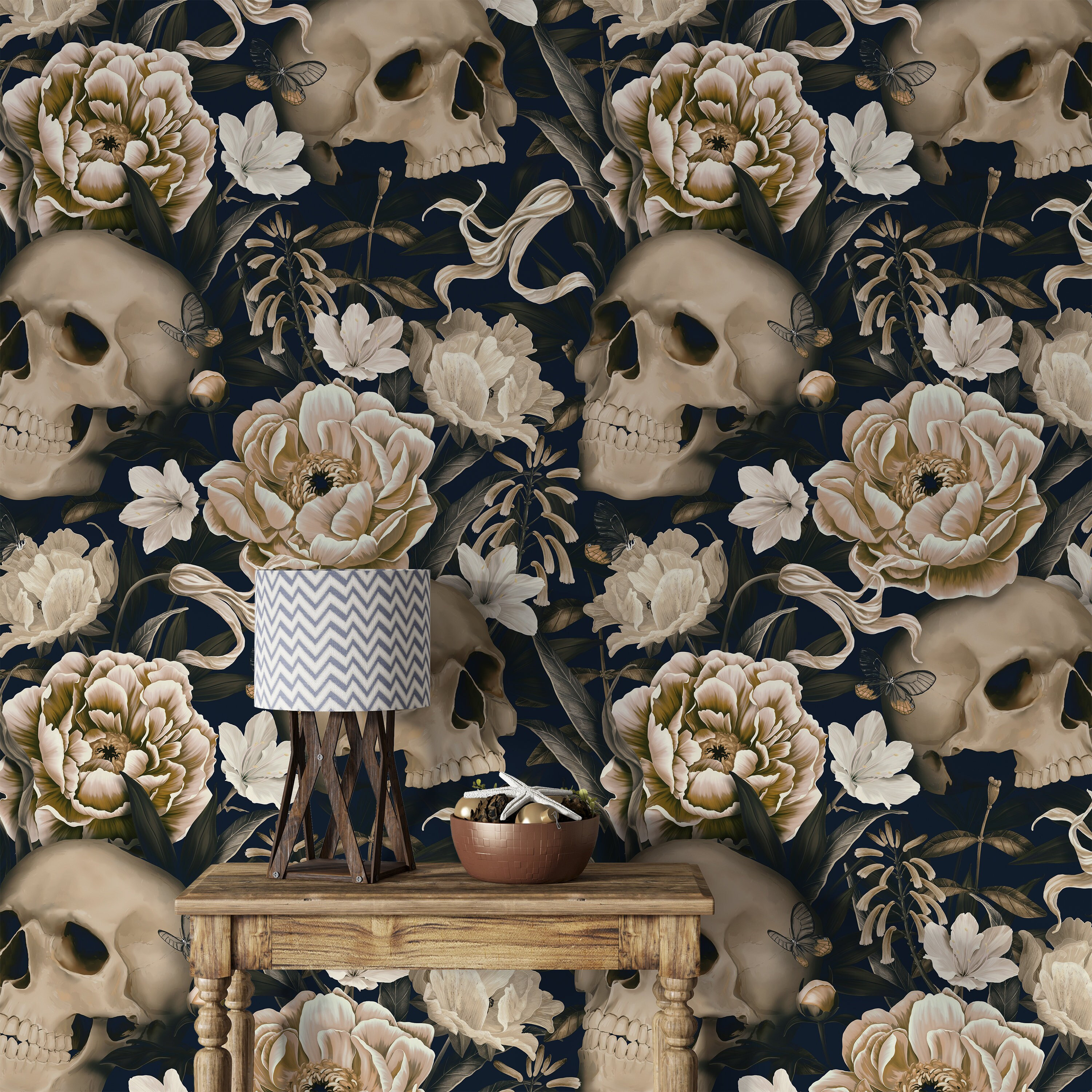 Gothic Skull Wallpaper Mural Dark Flower 3D Peel and Stick Etsy