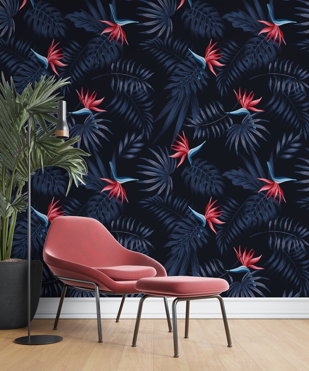 Dark Blue Tropical Wallpaper Peel and Stick Wallpaper Self Etsy