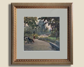 Landscape oil Summer City Park Scene, Original 1956, Ukrainian artist Tkachenko Evgeniy