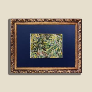 Dipinto a olio vintage anni '80: lussureggiante foresta estiva, vegetazione fitta, opera d'arte naturalistica in cornice decorata, artista ucraina Yablonska O.