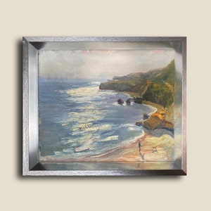 Vintage Seaside Landscape Painting – Boy and Dog on the Beach – Coastal Oil Painting – Ukrainian Art – Sunset Sea Wall Decor