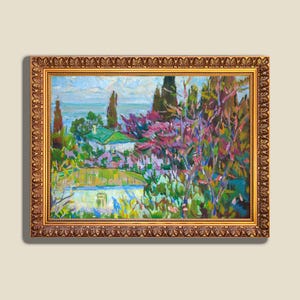 Spring Landscape Vintage 1970s Colorful Painting | Original Ukrainian Oil Artwork in Frame  |  Ukrainian Artist Cheddar V.