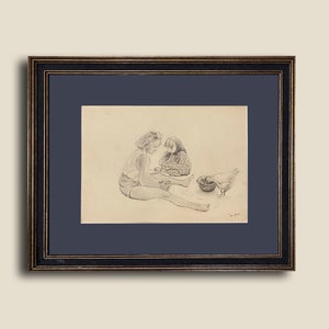 Framed Vintage Drawing of Children Playing | Original 1953 Pencil Sketch by Ukrainian Artist Evgeniy Tkachenko | Rural Childhood Scene